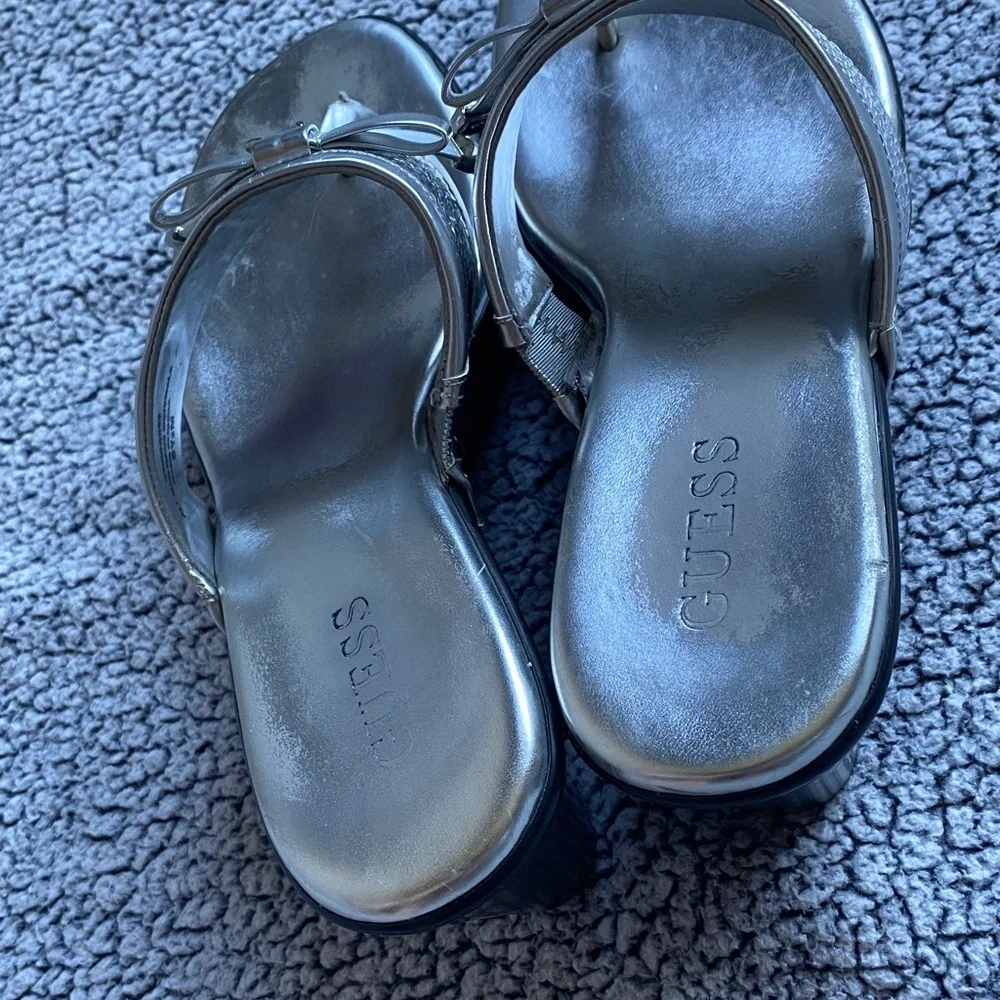 Guess Metallic Silver Sequin Wedge Sandals with Heart Charm
